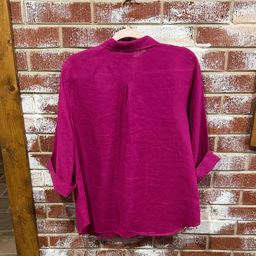 Chico's Fuchsia Button-Down 100% Linen Shirt SZ 2 Quiet Luxury Classic Lagenlook - Picture 4 of 4
